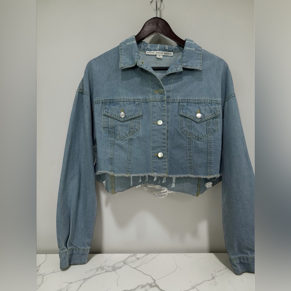 HYFVE Light Blue Cropped Distressed Denim Jacket